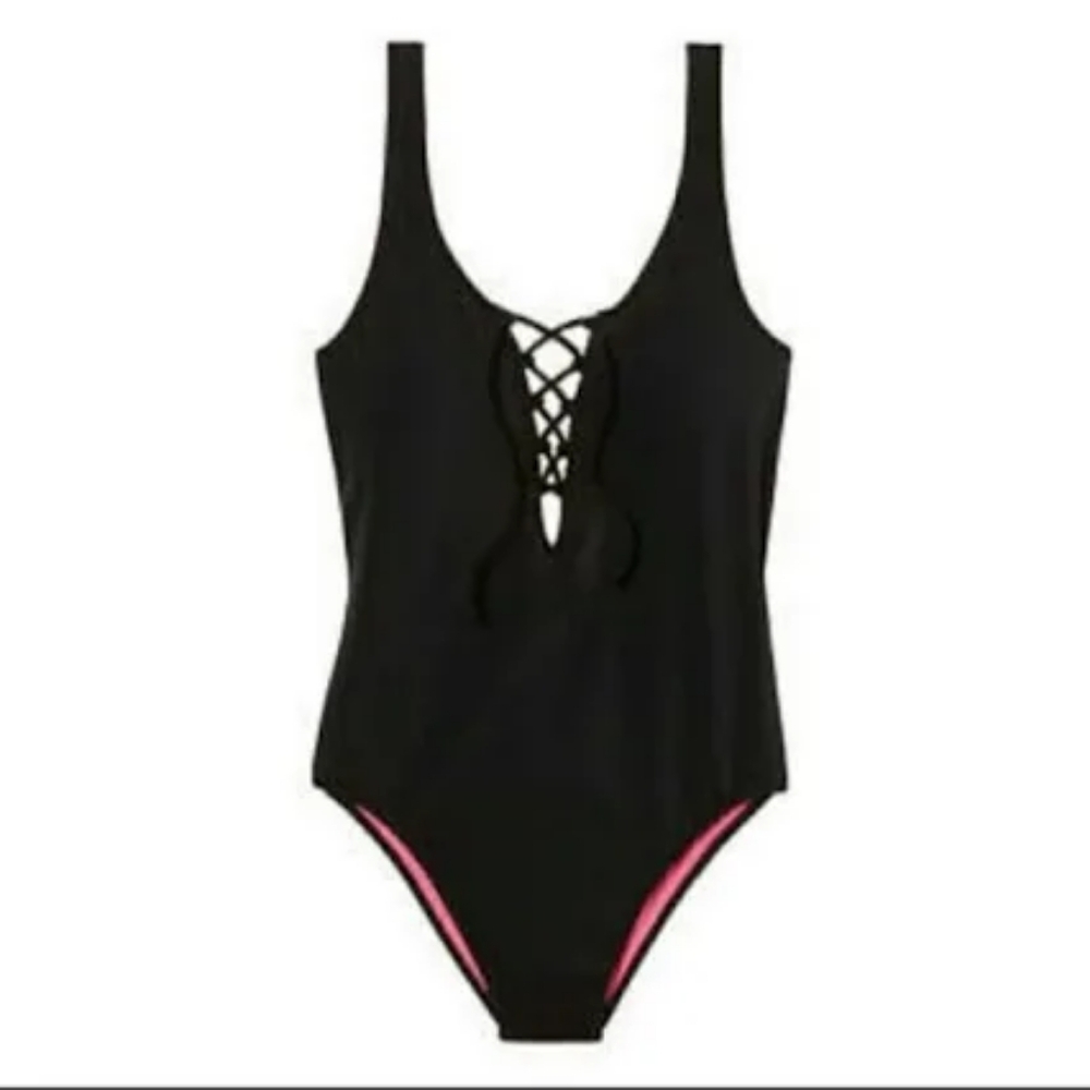 Pink Victoria's Secret Black Lace-up Front One-Piece Swimsuit. Size M